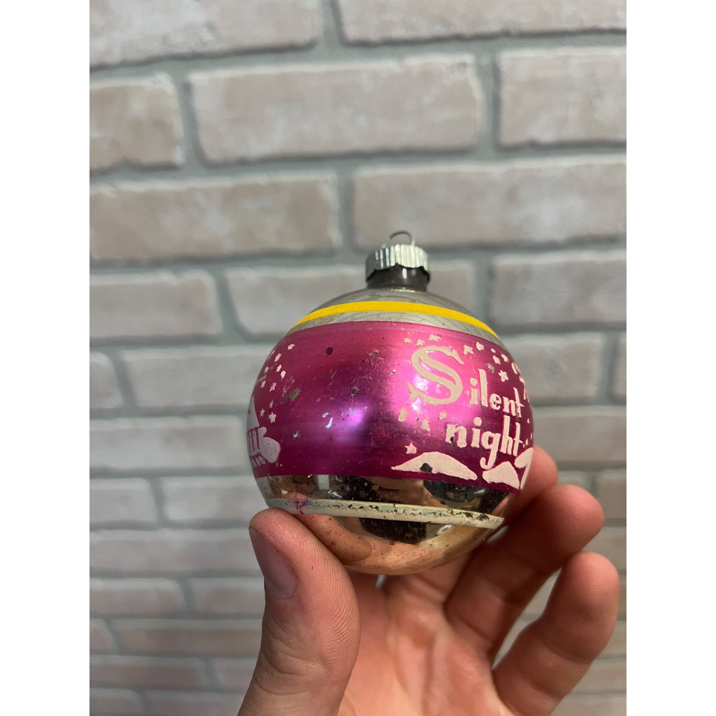 Vintage Shiny Brite Silent Night Church Stenciled Mercury Glass Ornament 2.5"