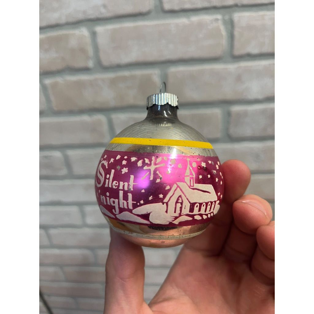 Vintage Shiny Brite Silent Night Church Stenciled Mercury Glass Ornament 2.5"