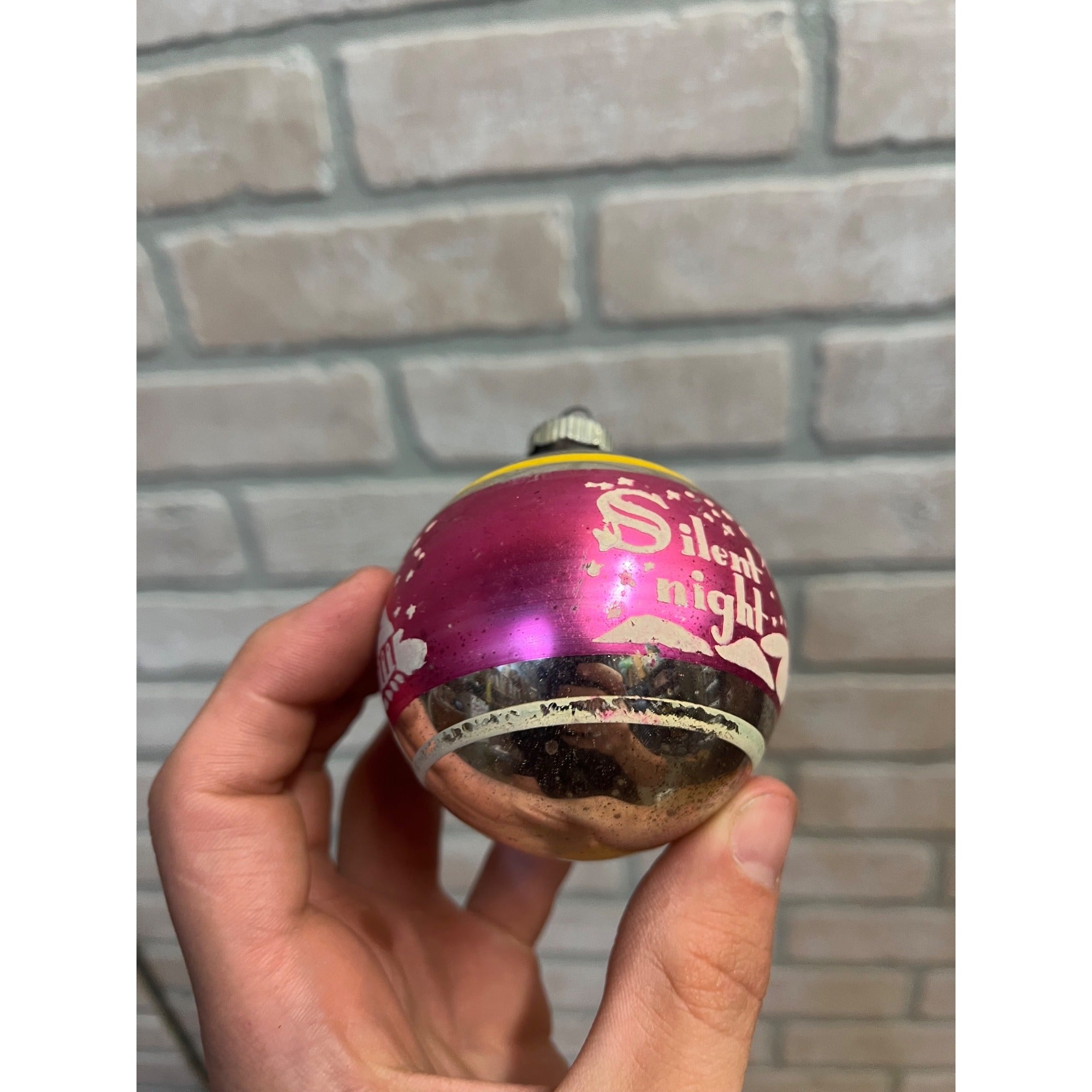 Vintage Shiny Brite Silent Night Church Stenciled Mercury Glass Ornament 2.5"