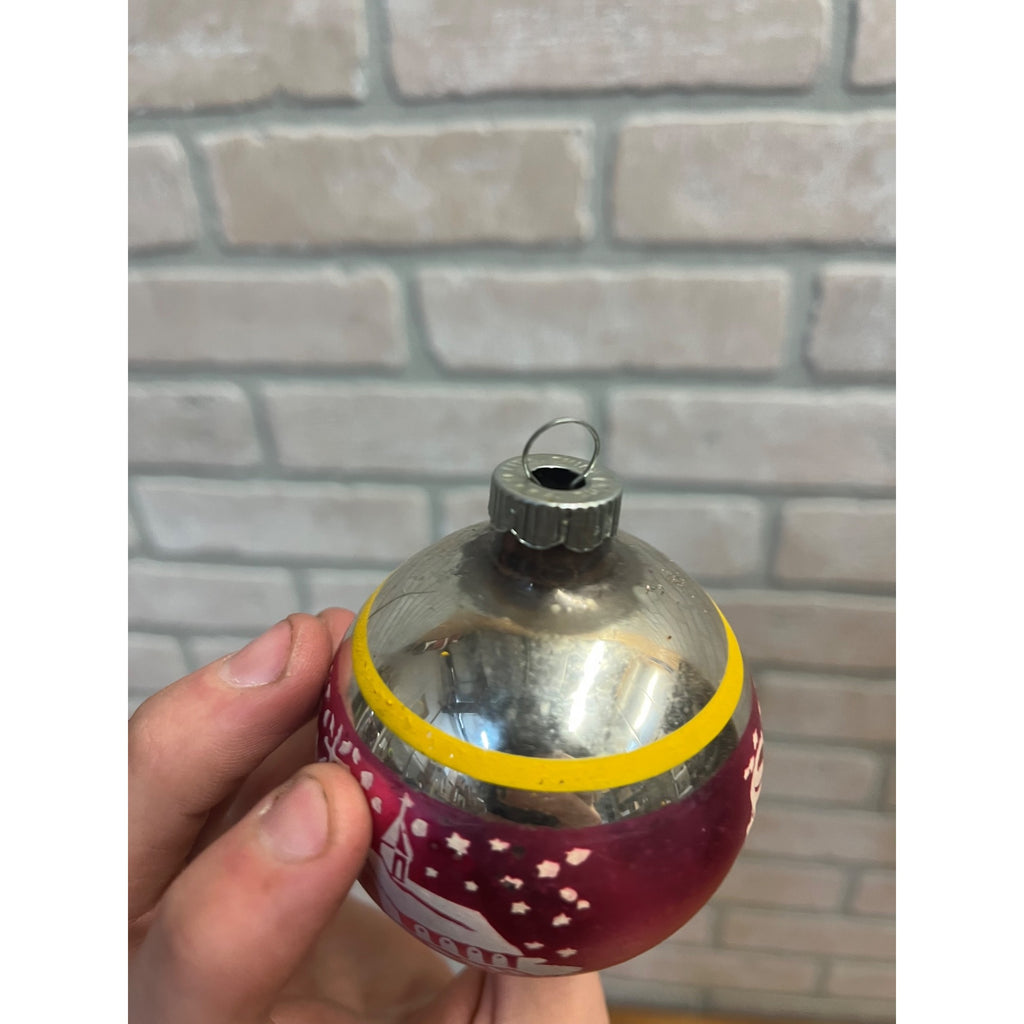 Vintage Shiny Brite Silent Night Church Stenciled Mercury Glass Ornament 2.5"