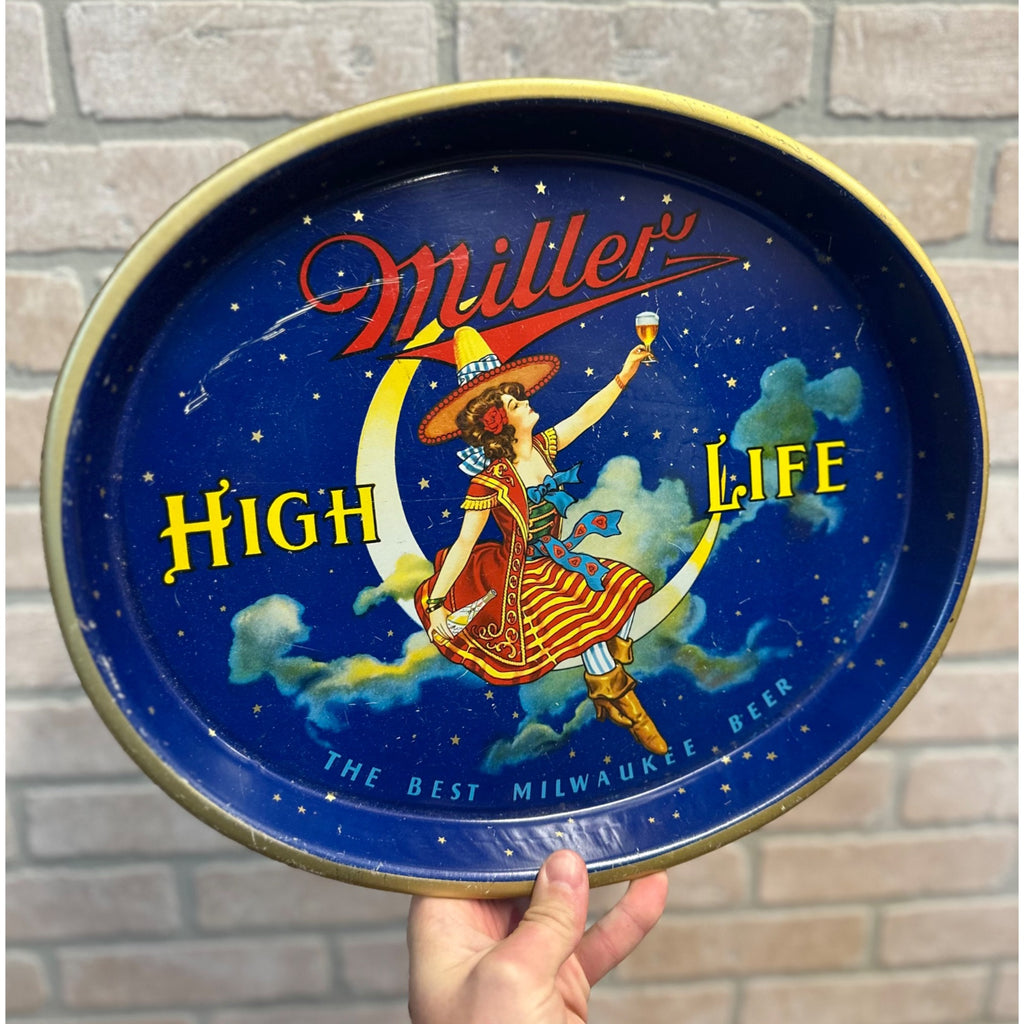 Vintage 1940s Miller High Life Beer Girl On The Moon Oval Tray Milwaukee Wis