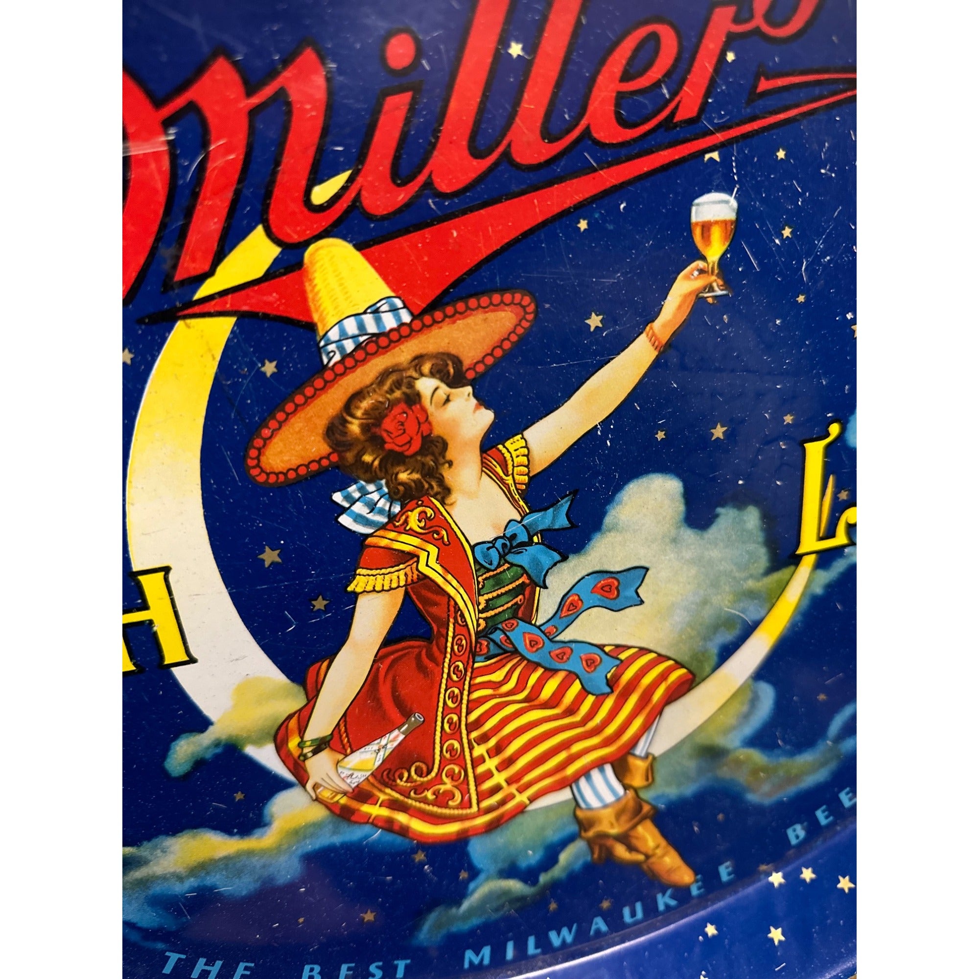Vintage 1940s Miller High Life Beer Girl On The Moon Oval Tray Milwaukee Wis