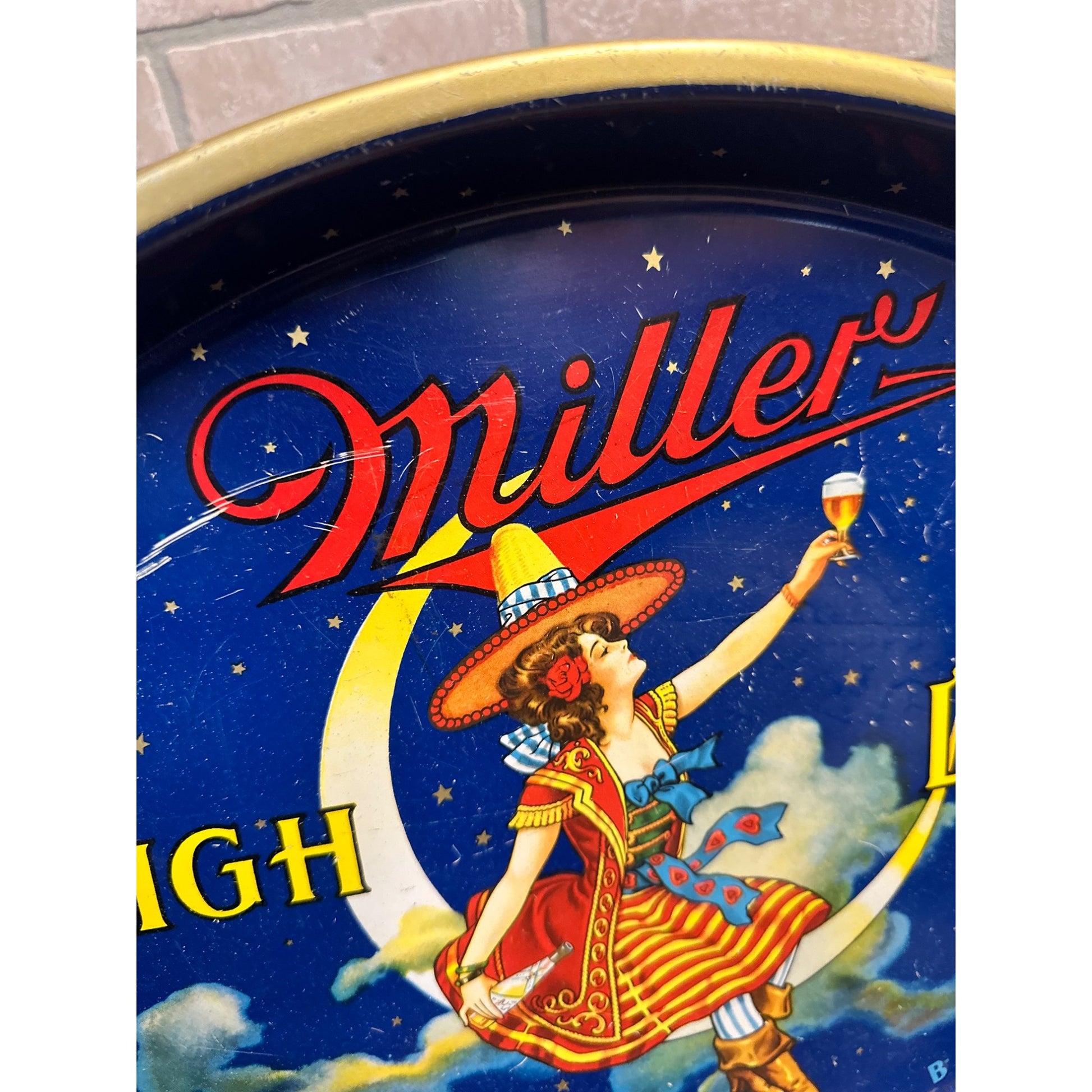 Vintage 1940s Miller High Life Beer Girl On The Moon Oval Tray Milwaukee Wis
