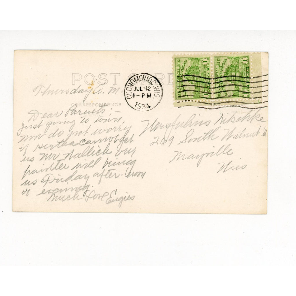 Vitnage 1934 Fowler Lake Main St Oconomowoc Wis RPPC Postcard