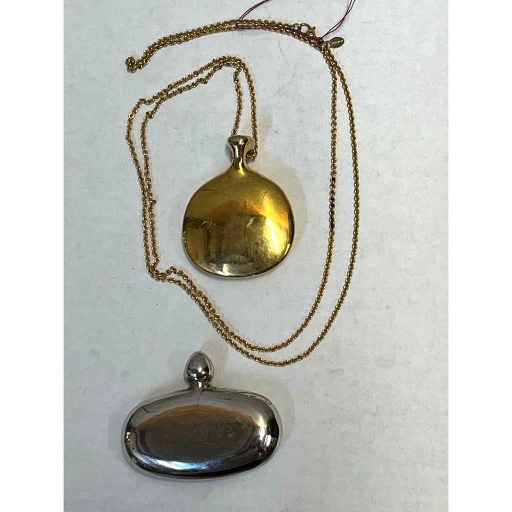 Vintage Monet Gold Tone Modernist Pendant Necklace + Silver Perfume Flask