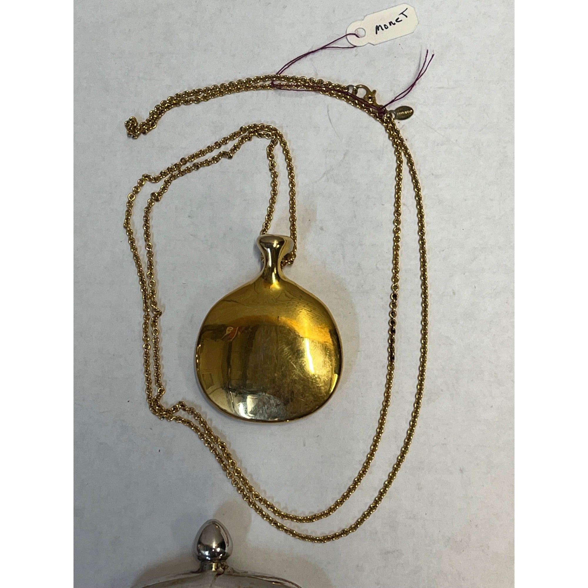 Vintage Monet Gold Tone Modernist Pendant Necklace + Silver Perfume Flask