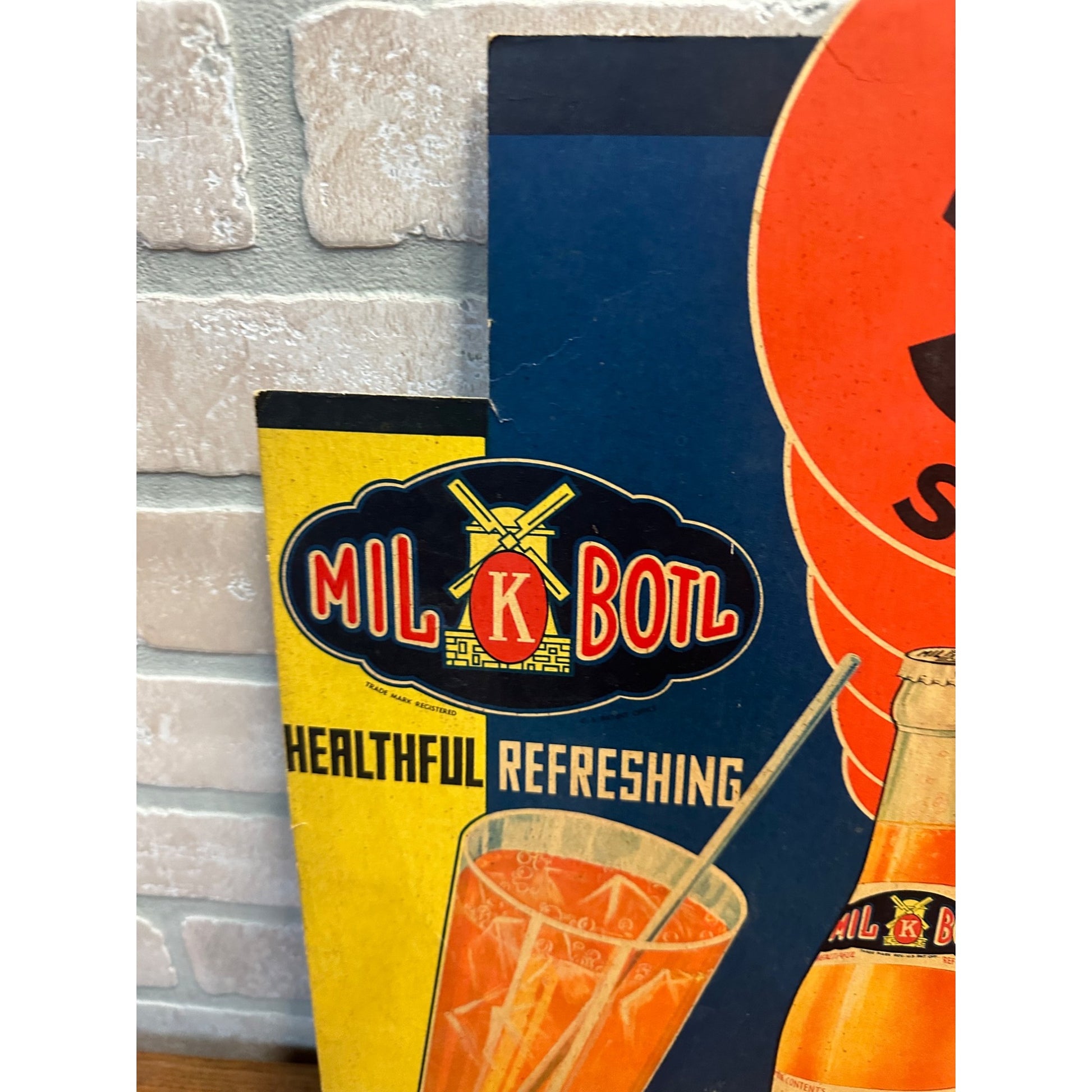 Vintage 1930s Mil-Kay Soda Advertising Cardboard Litho Sign Bottle Store Display