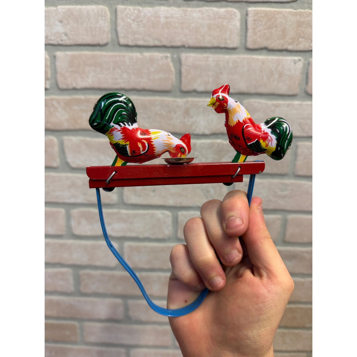 Vintage Tin Rooster Pecking Toy Red/Multicolor Handheld Pull Action Farm Animal Display