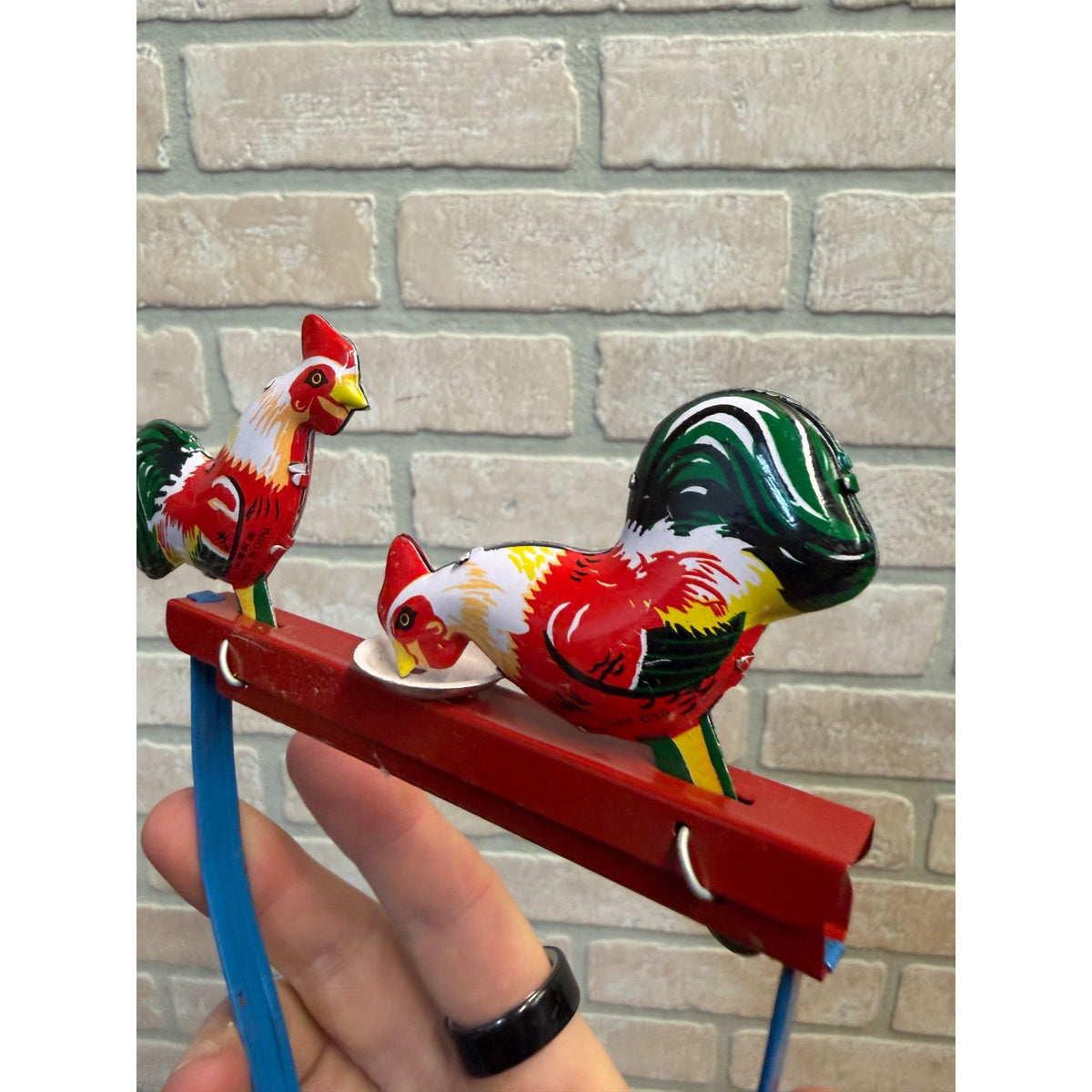 Vintage Tin Rooster Pecking Toy Red/Multicolor Handheld Pull Action Farm Animal Display