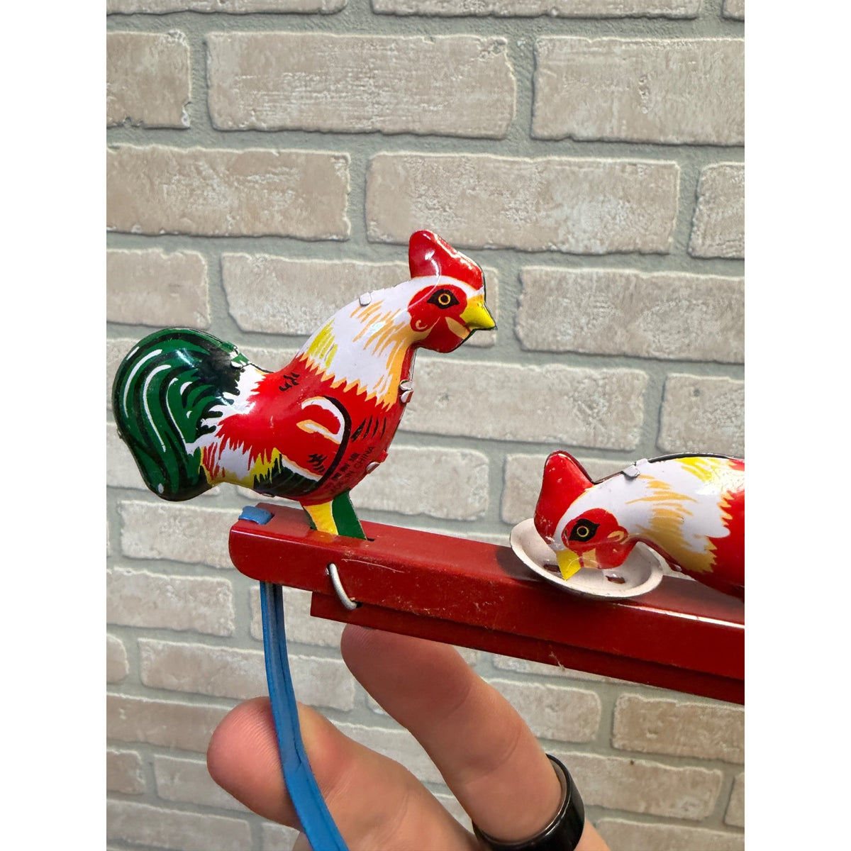 Vintage Tin Rooster Pecking Toy Red/Multicolor Handheld Pull Action Farm Animal Display