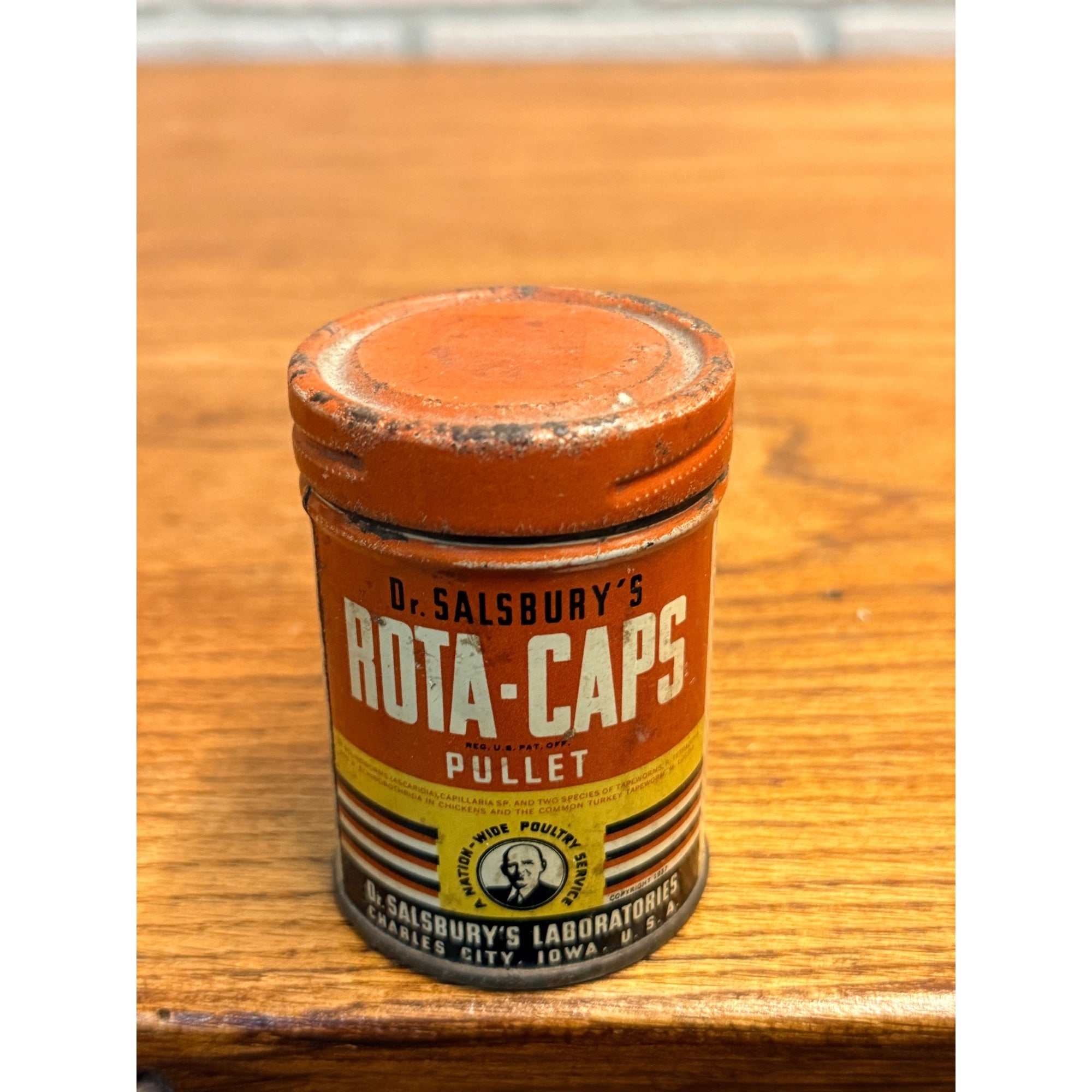 Vintage Dr. Salisbury's Rota-Caps Chicken Turkey Veterinary Medicine Tin Can