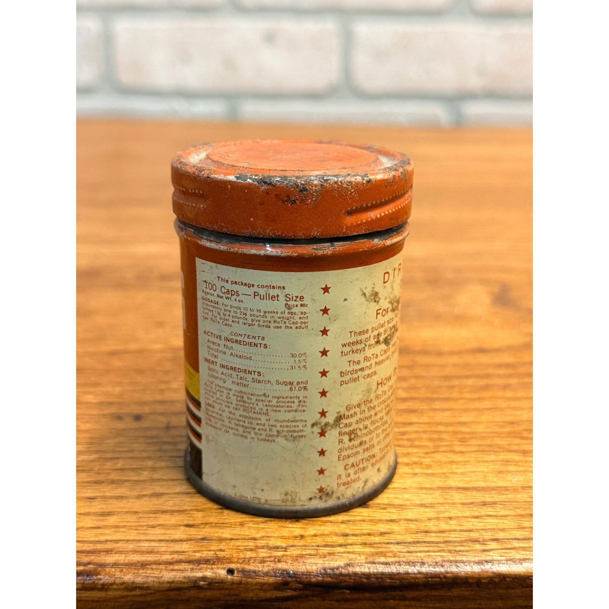 Vintage Dr. Salisbury's Rota-Caps Chicken Turkey Veterinary Medicine Tin Can