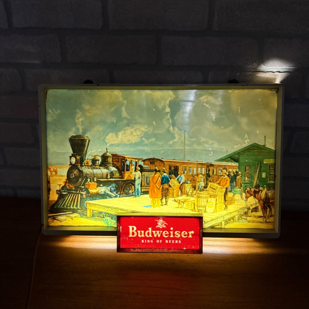 RARE Vintage 1950s Budweiser Beer Lighted Sign Old West Train Depot Scene