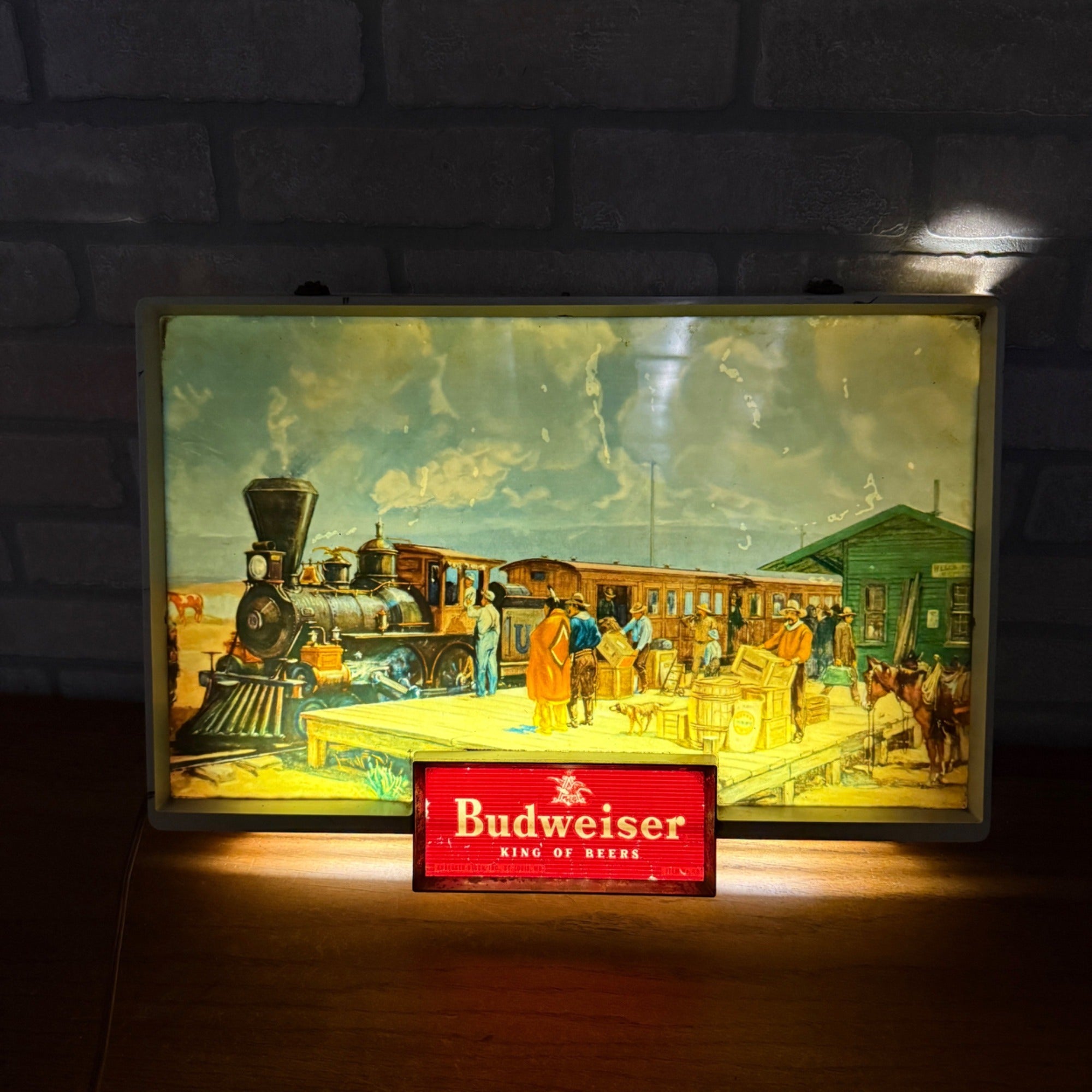 RARE Vintage 1950s Budweiser Beer Lighted Sign Old West Train Depot Scene