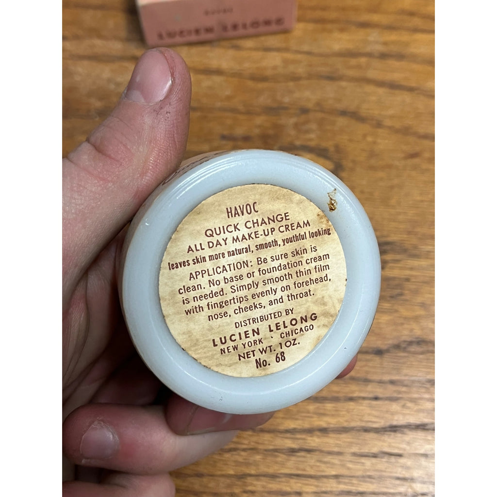 Vintage 1950s Havoc Quick Change Make-Up Cream Lucien Lelong NOS Milk Glass Jar