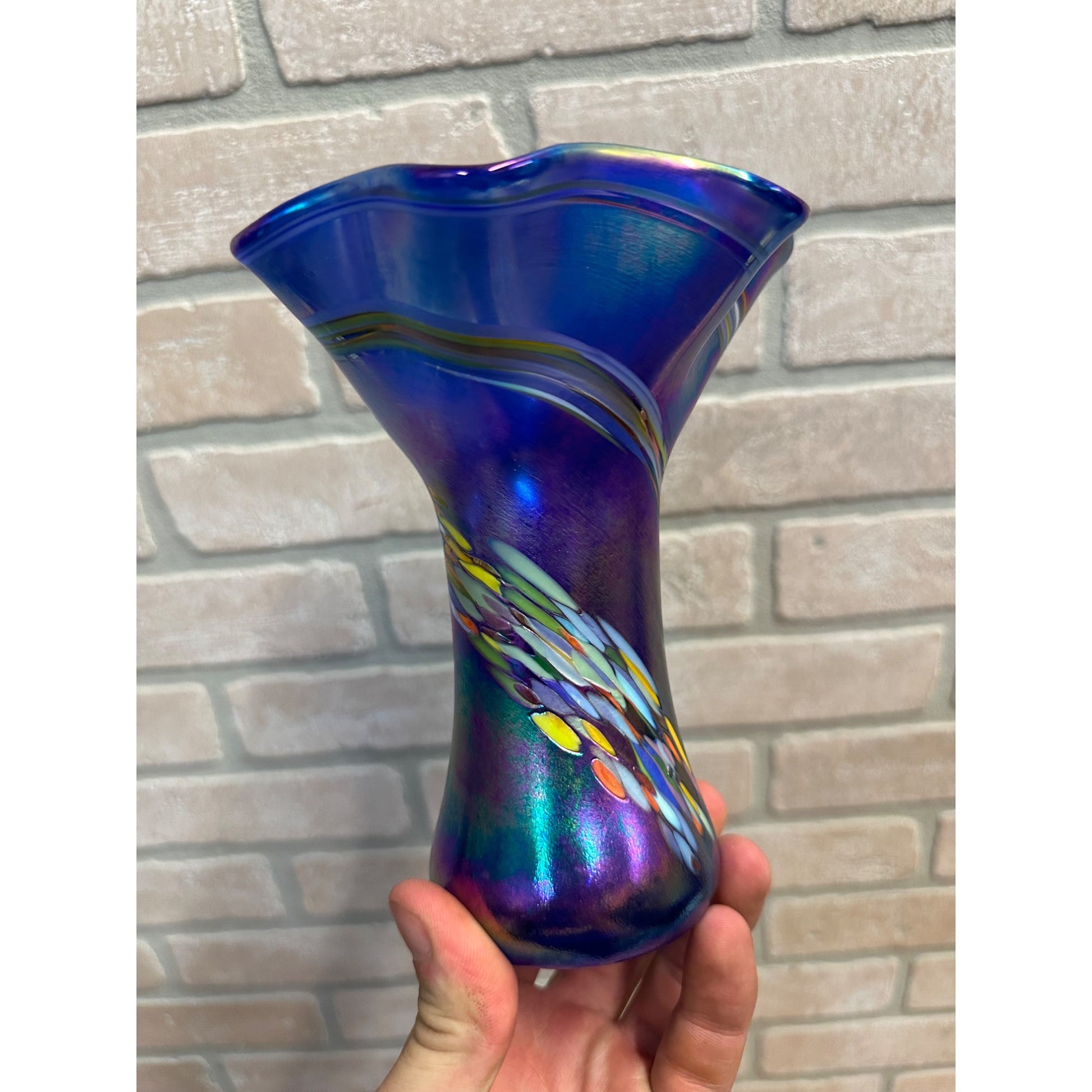 The Glass Eye Studio Seattle Cobalt Blue Iridescent Ruffled Glass Vase St Helens Ash