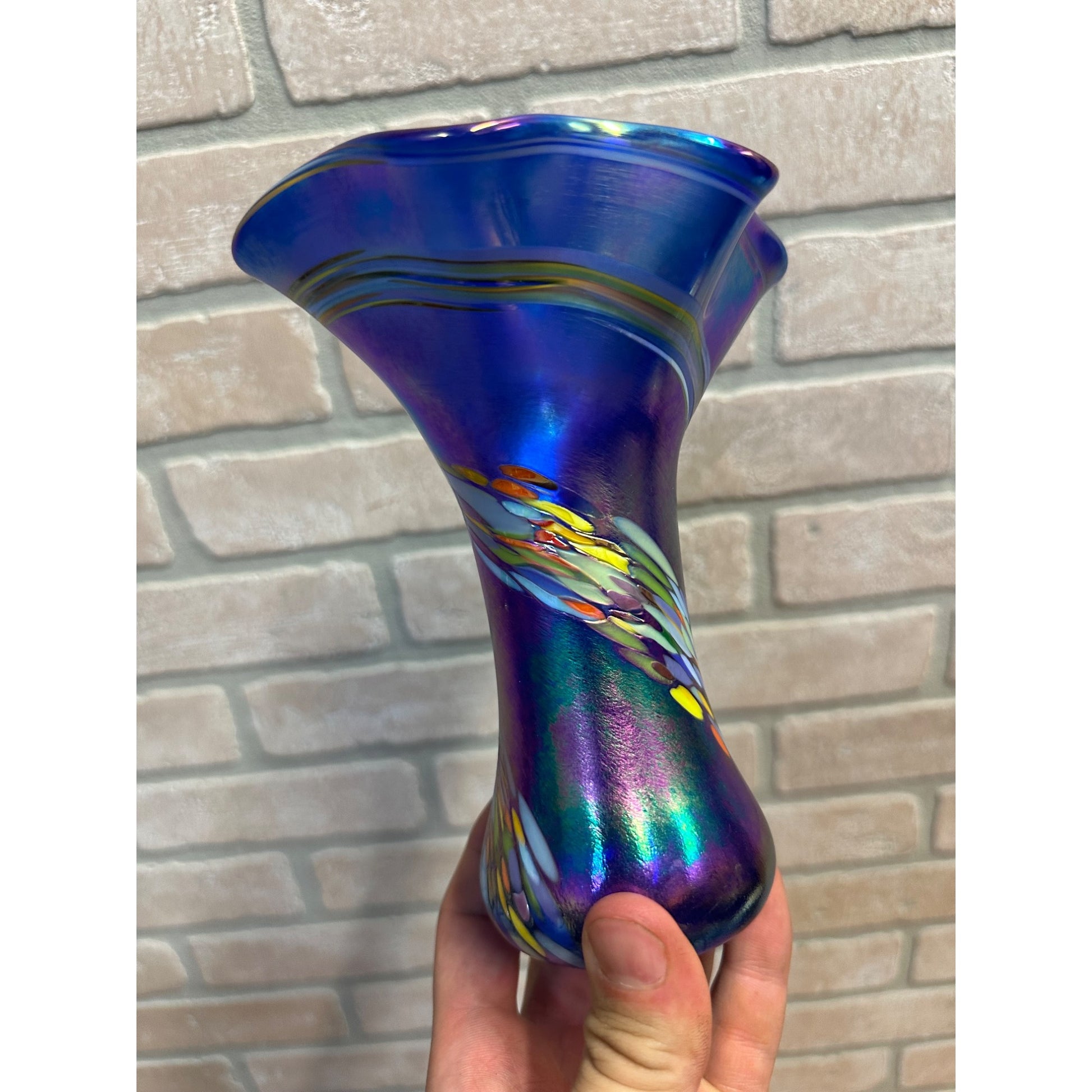 The Glass Eye Studio Seattle Cobalt Blue Iridescent Ruffled Glass Vase St Helens Ash