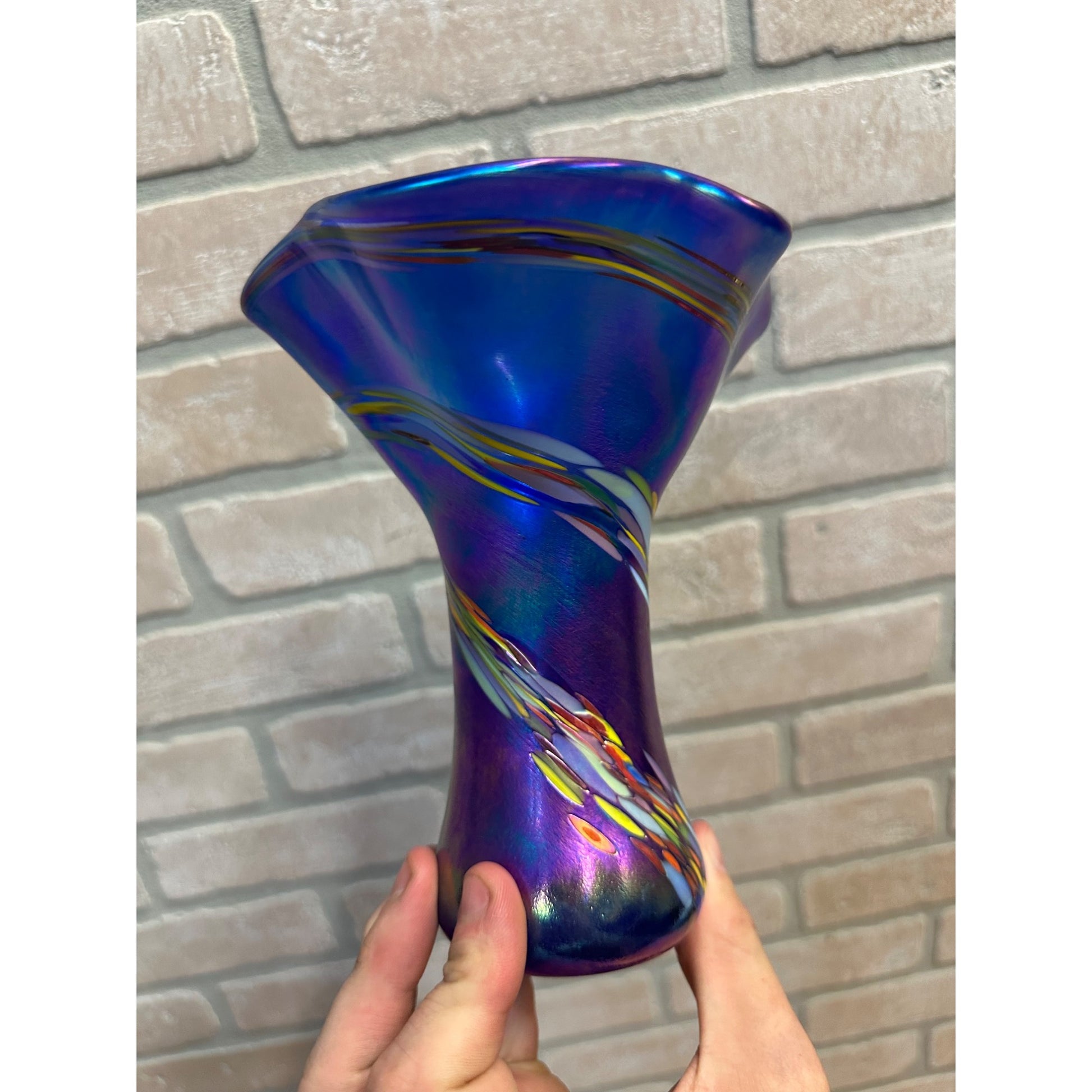 The Glass Eye Studio Seattle Cobalt Blue Iridescent Ruffled Glass Vase St Helens Ash