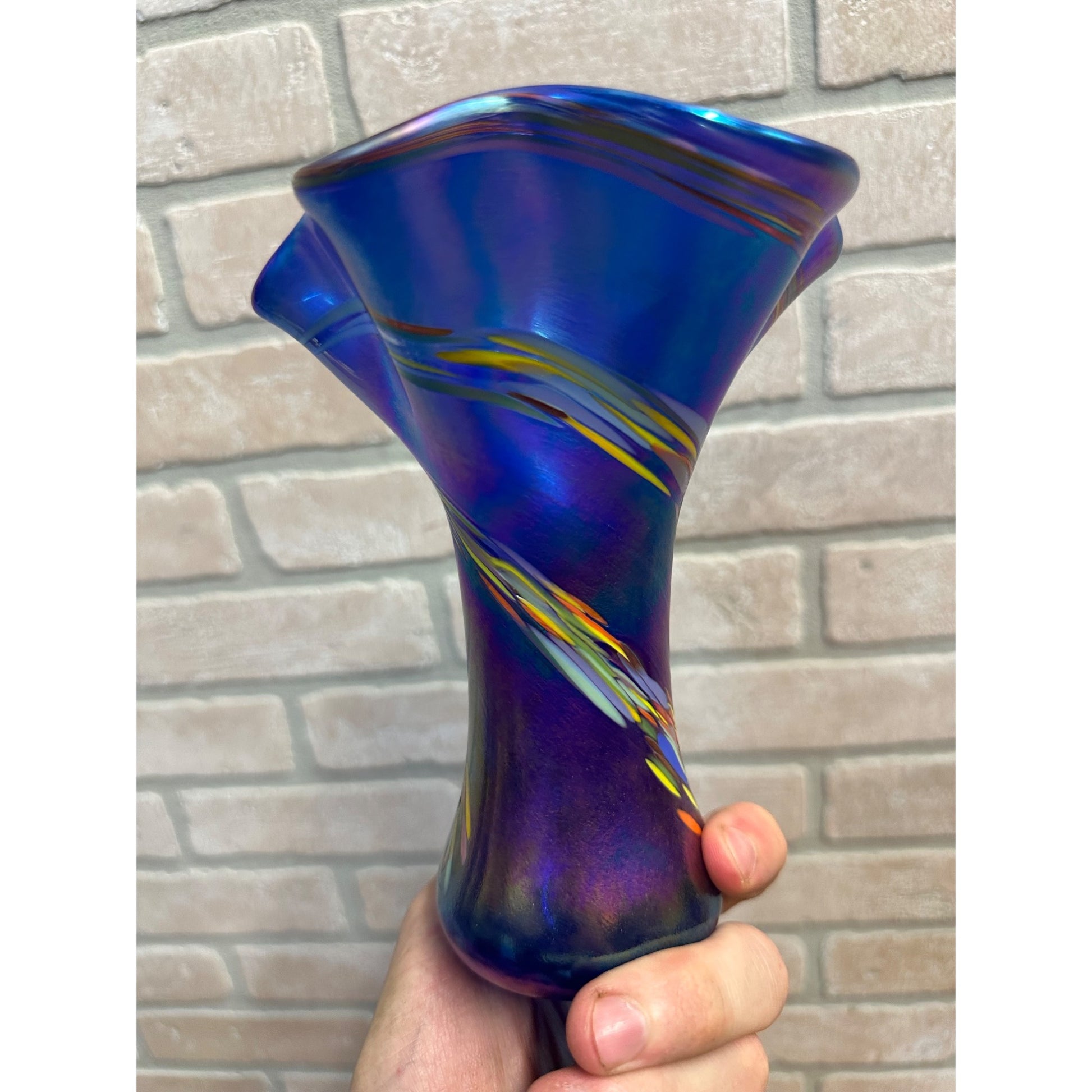 The Glass Eye Studio Seattle Cobalt Blue Iridescent Ruffled Glass Vase St Helens Ash