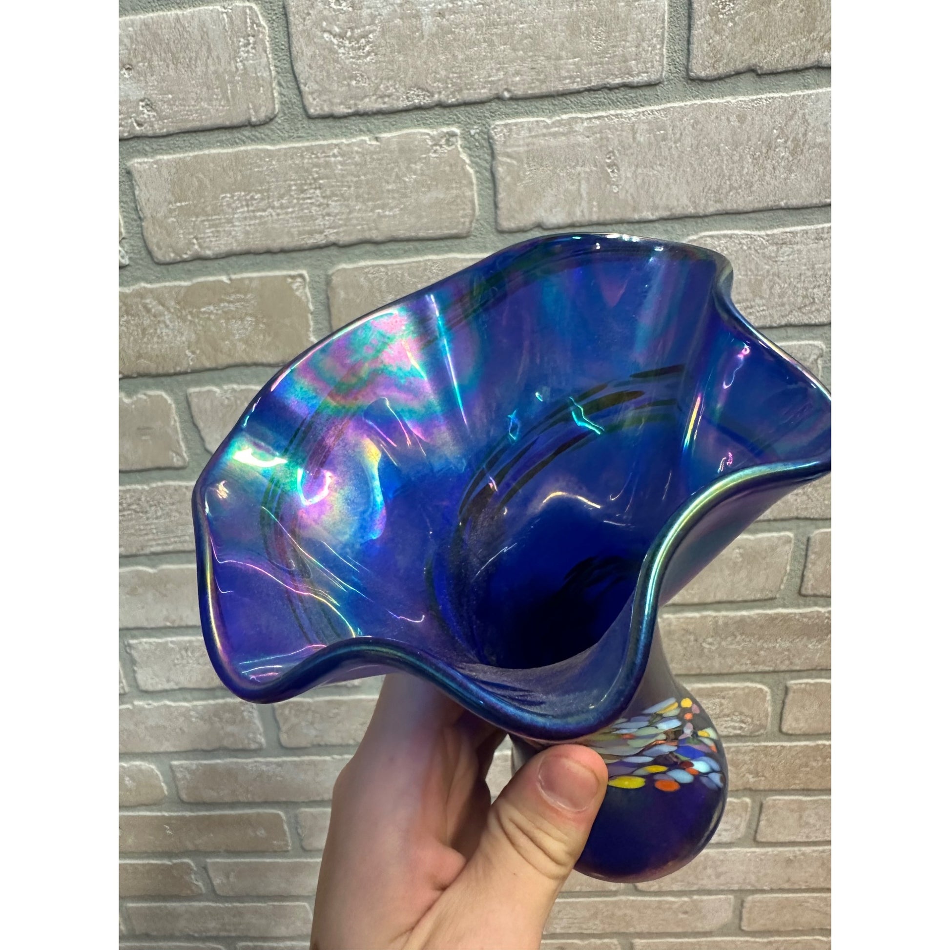 The Glass Eye Studio Seattle Cobalt Blue Iridescent Ruffled Glass Vase St Helens Ash