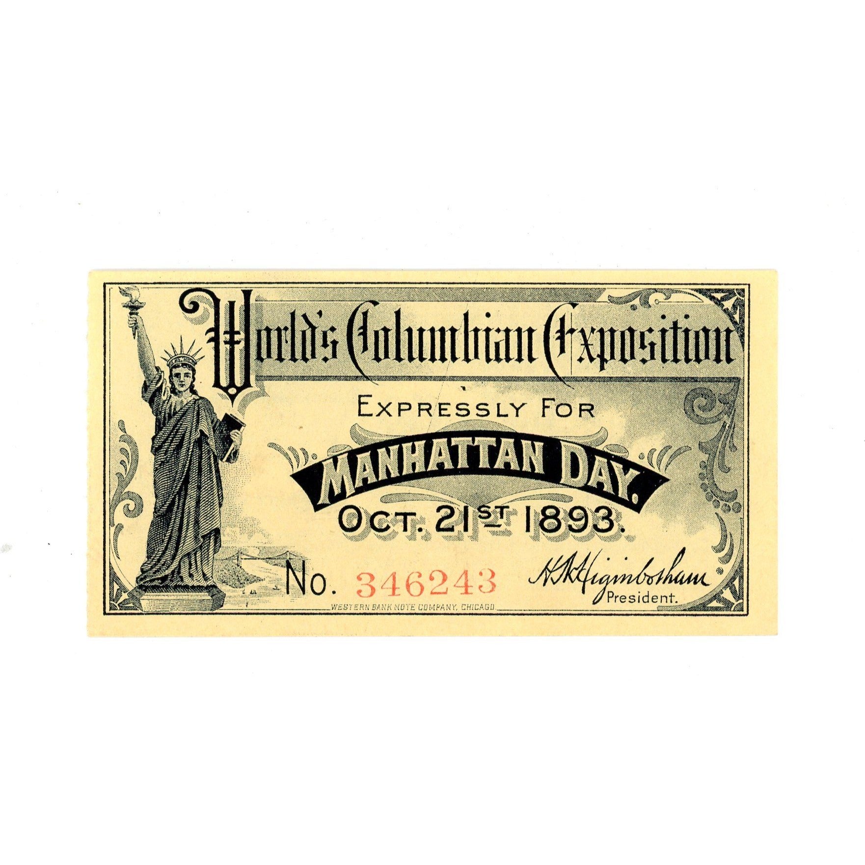 1893 WORLD'S COLUMBIAN EXPOSITION FARE TICKET “MANHATTAN DAY” UNCIRCULATED