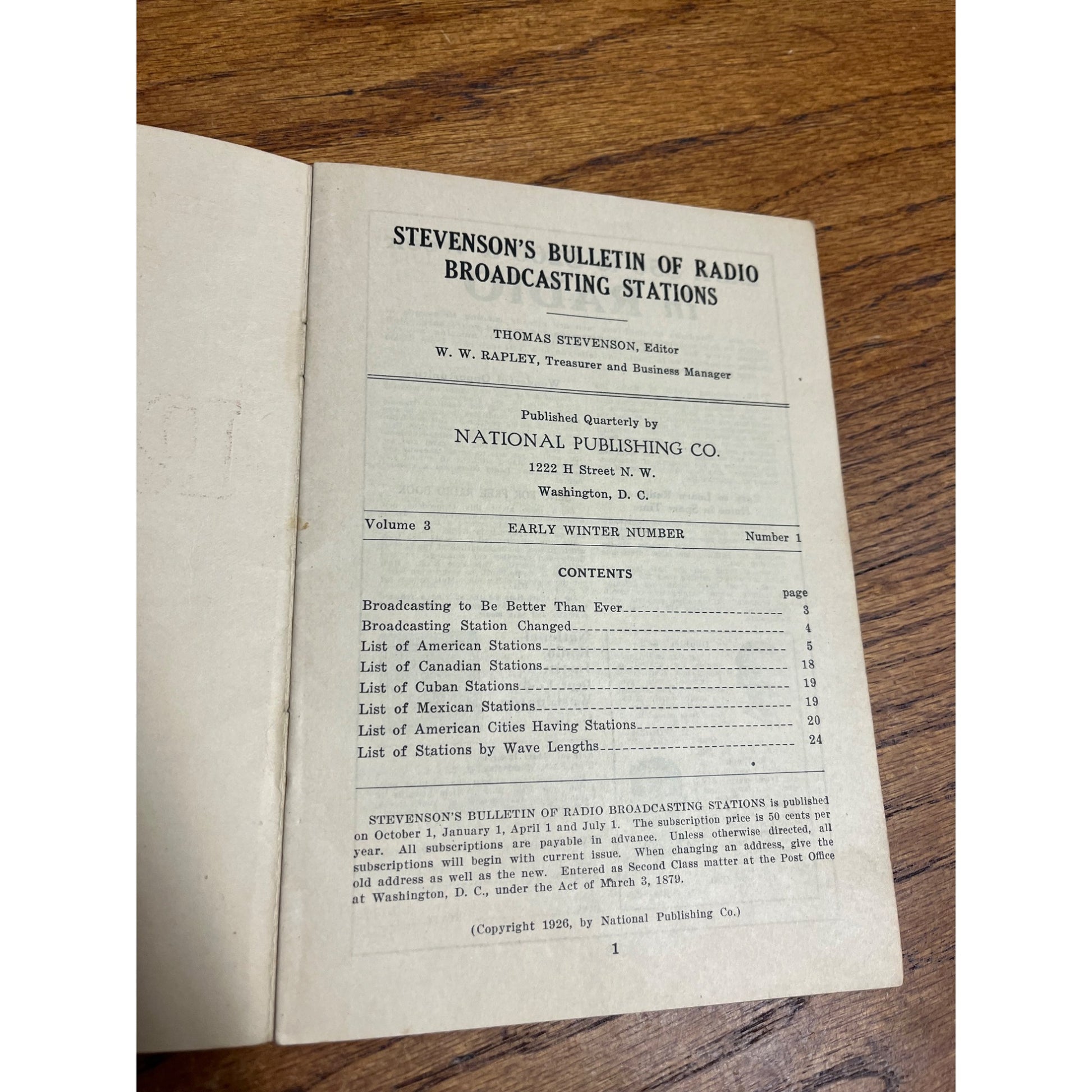 Stevenson's Bulletin of Radio Broadcasting Stations Booklet - Winter 1926