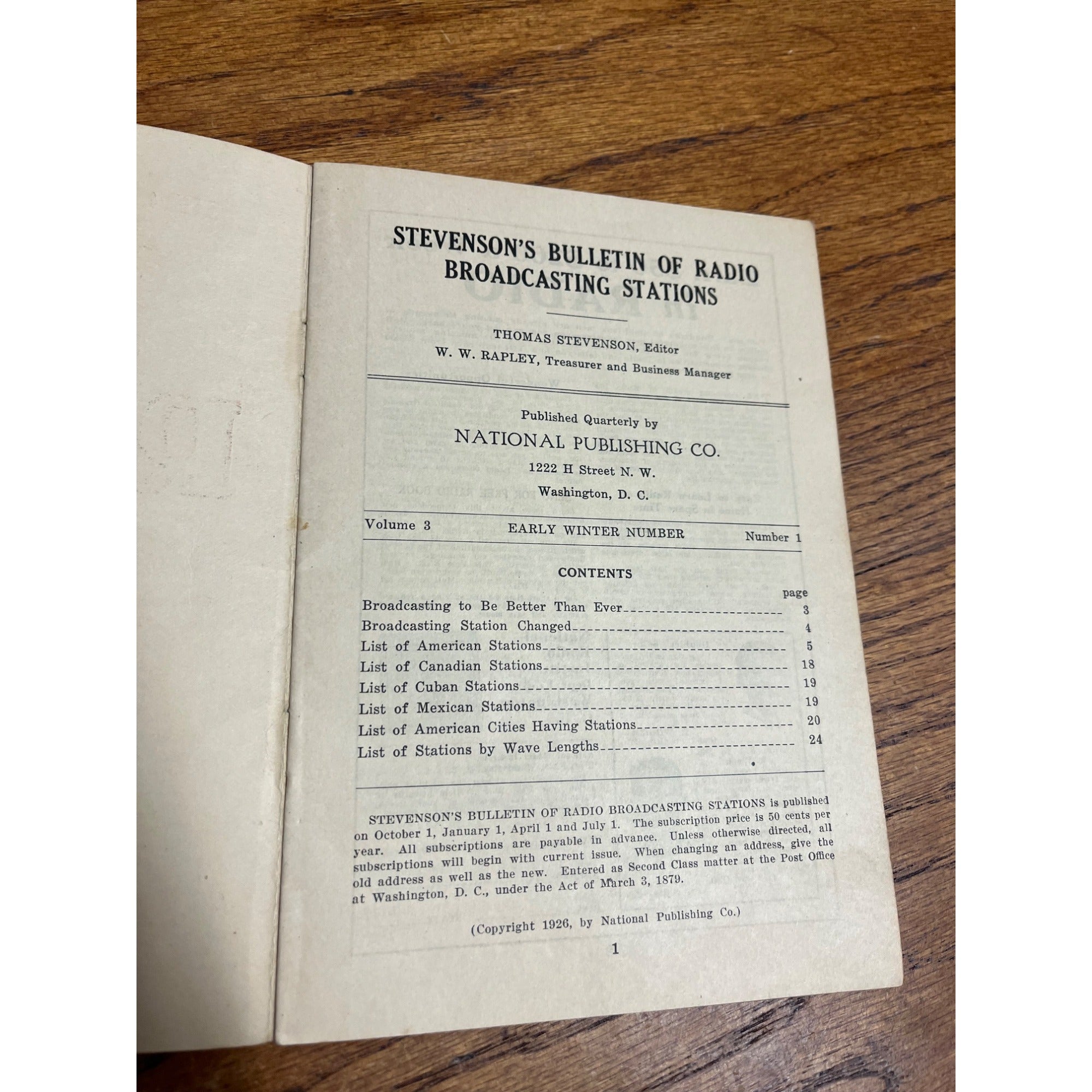 Stevenson's Bulletin of Radio Broadcasting Stations Booklet - Winter 1926