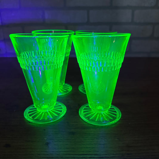 4pc Anchor Hocking Roulette Ice Tea Tumblers Uranium Vasline Depression Glass