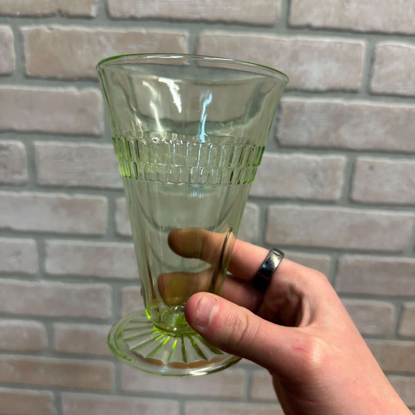 4pc Anchor Hocking Roulette Ice Tea Tumblers Uranium Vasline Depression Glass