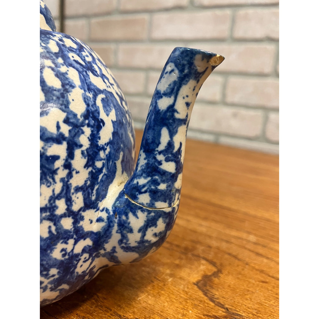 Rare Antique 1880s Blue & White Spongeware Stoneware Teapot W/ Notched Lid AS-IS