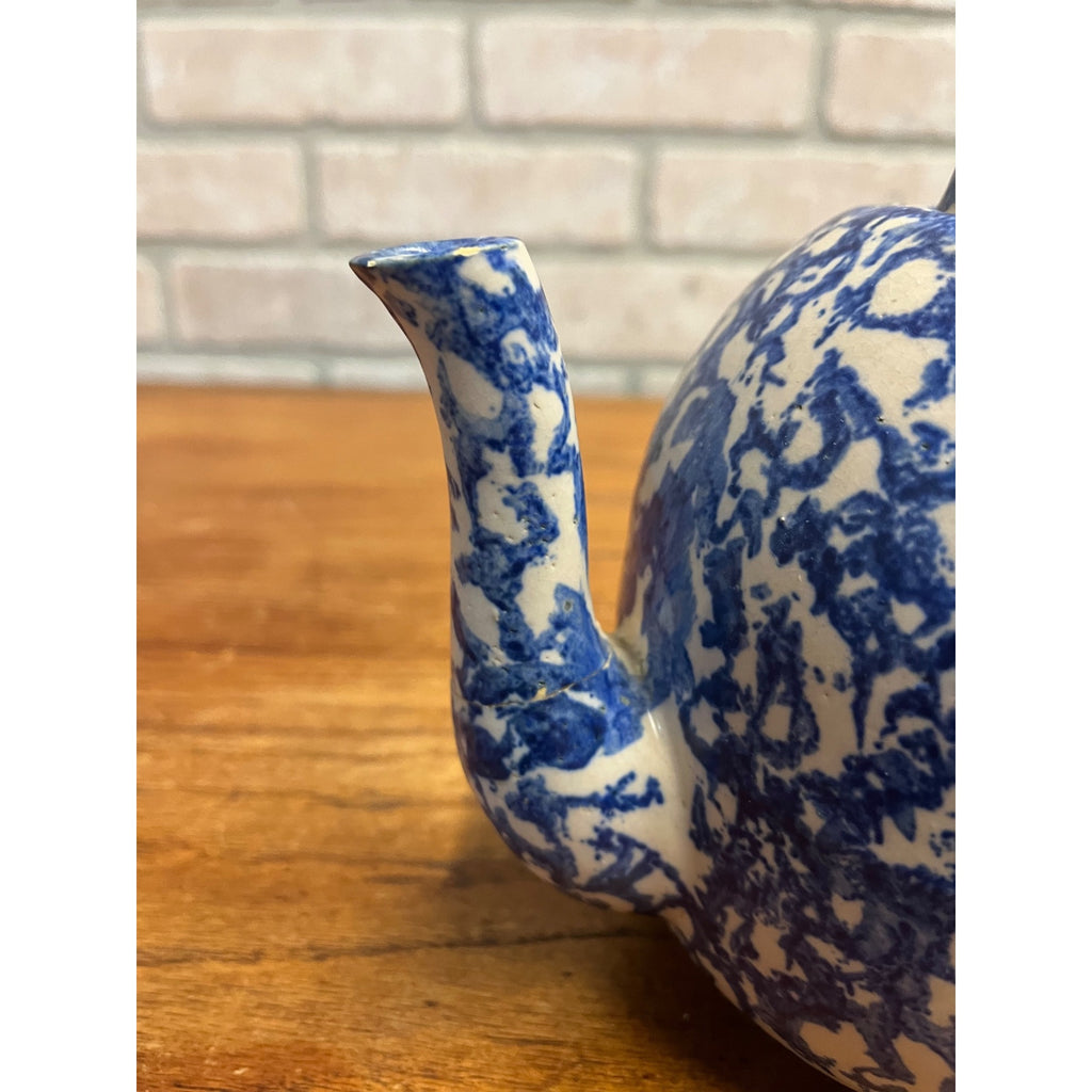 Rare Antique 1880s Blue & White Spongeware Stoneware Teapot W/ Notched Lid AS-IS
