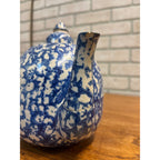 Rare Antique 1880s Blue & White Spongeware Stoneware Teapot W/ Notched Lid AS-IS