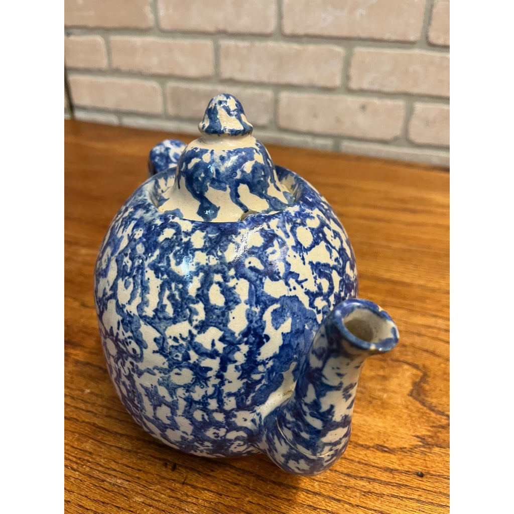 Rare Antique 1880s Blue & White Spongeware Stoneware Teapot W/ Notched Lid AS-IS