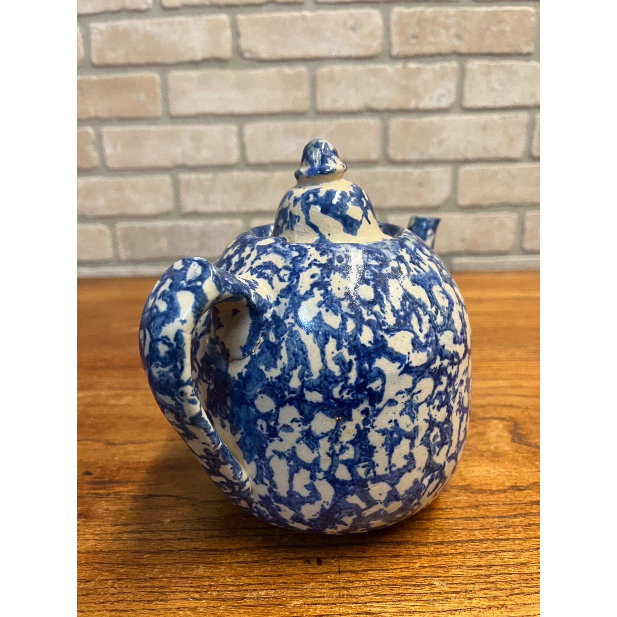 Rare Antique 1880s Blue & White Spongeware Stoneware Teapot W/ Notched Lid AS-IS