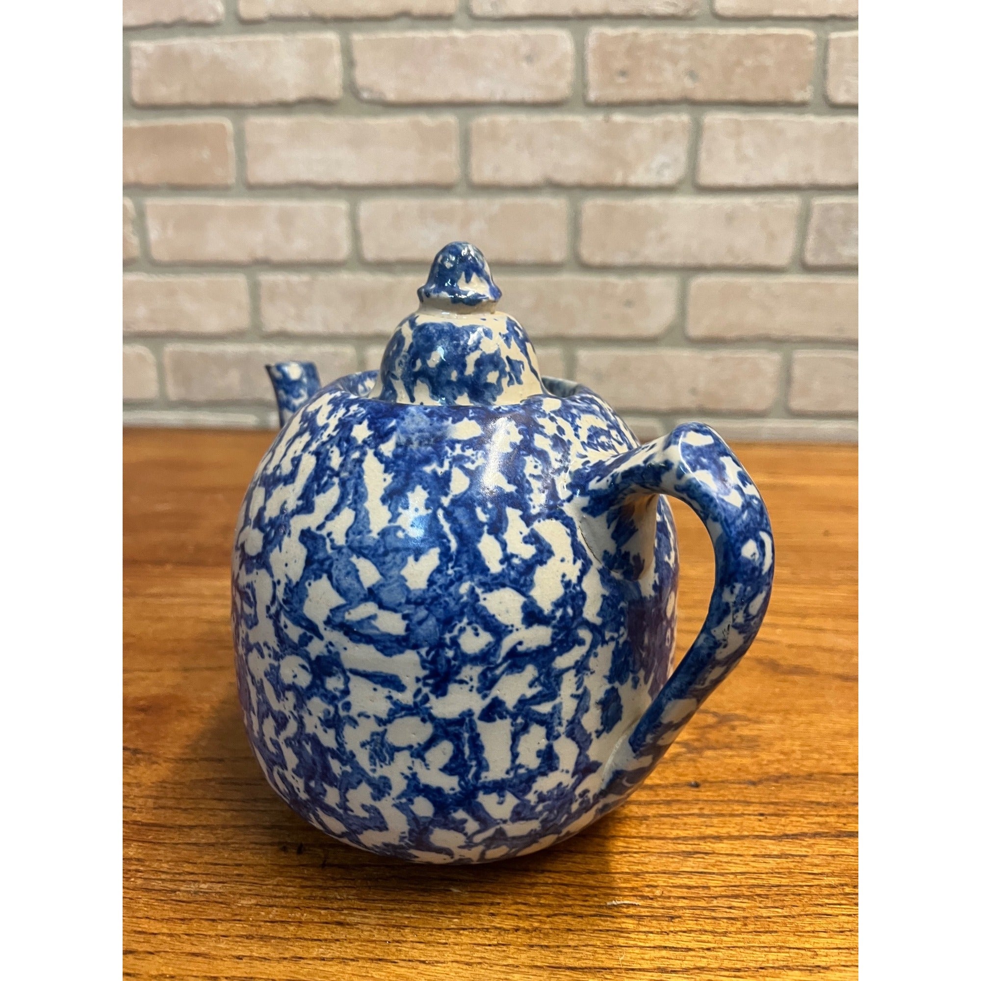 Rare Antique 1880s Blue & White Spongeware Stoneware Teapot W/ Notched Lid AS-IS