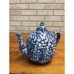 Rare Antique 1880s Blue & White Spongeware Stoneware Teapot W/ Notched Lid AS-IS