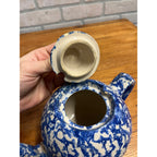 Rare Antique 1880s Blue & White Spongeware Stoneware Teapot W/ Notched Lid AS-IS