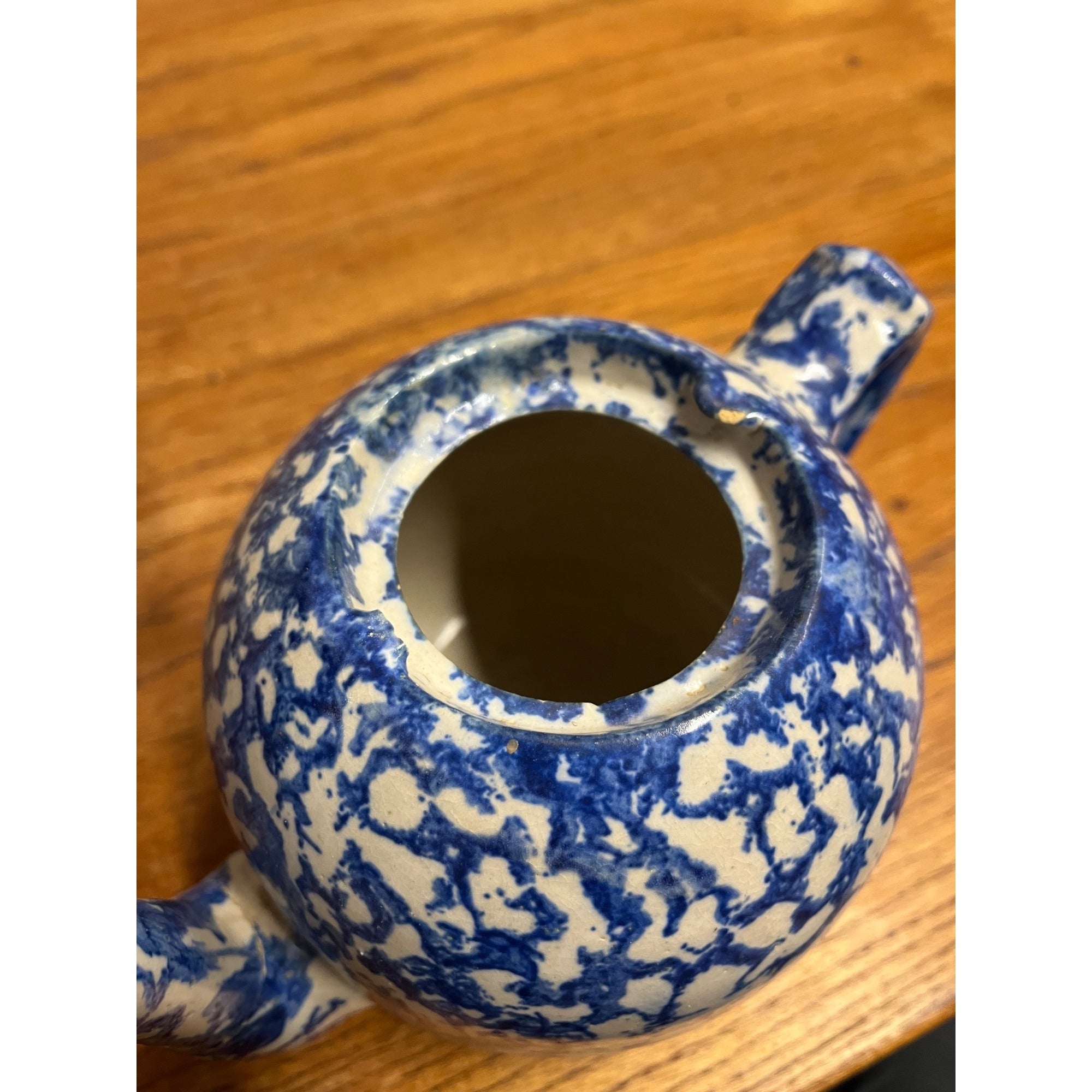 Rare Antique 1880s Blue & White Spongeware Stoneware Teapot W/ Notched Lid AS-IS