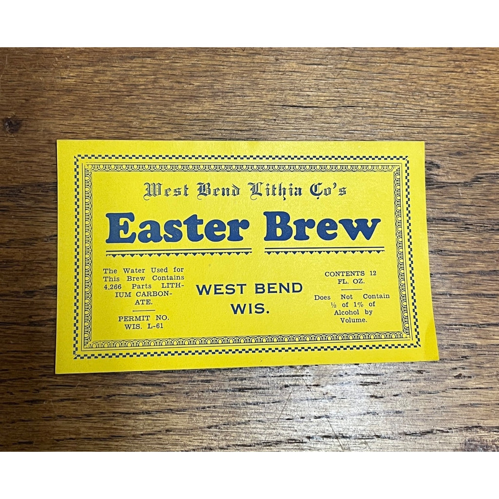 Prohibition Easter Brew Beer Bottle Label U-Permit West Bend Lithia Wis YELLOW