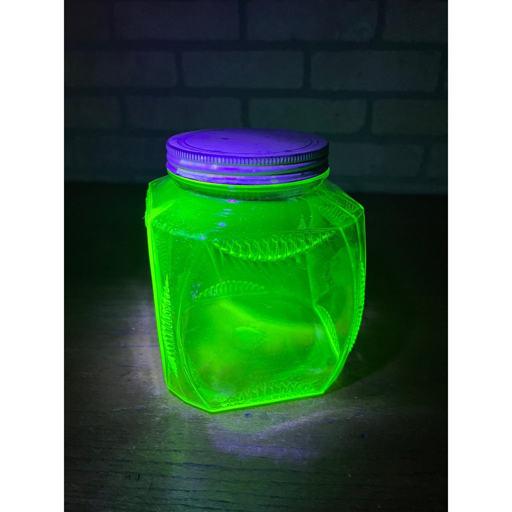 Vintage 1930s Uranium Glass Hoosier Canister Cookie Jar Depression Vaseline Lid