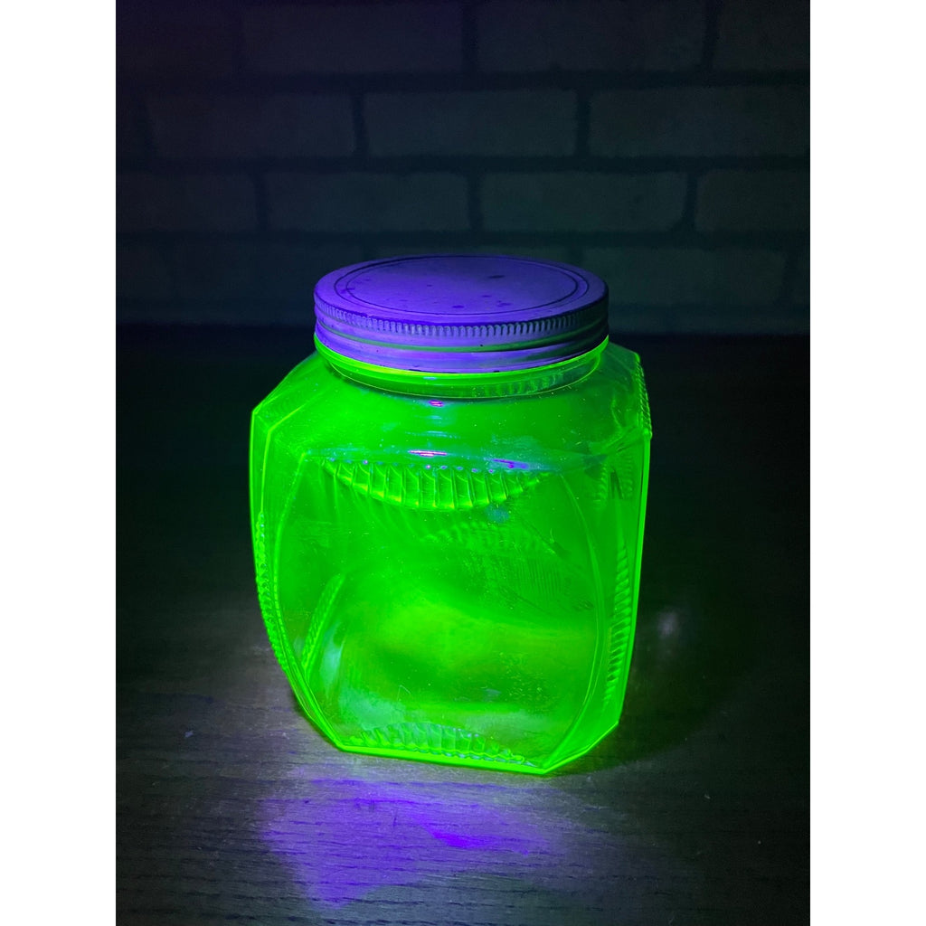 Vintage 1930s Uranium Glass Hoosier Canister Cookie Jar Depression Vaseline Lid