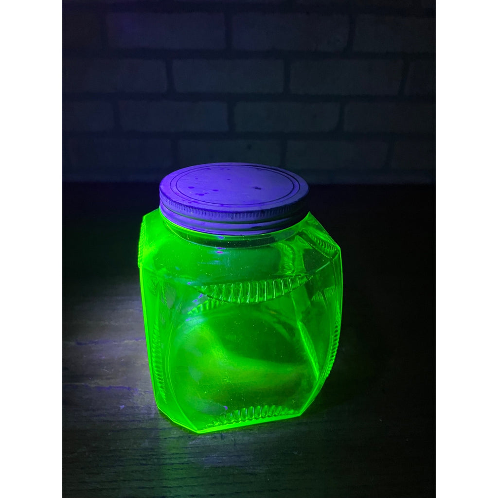 Vintage 1930s Uranium Glass Hoosier Canister Cookie Jar Depression Vaseline Lid