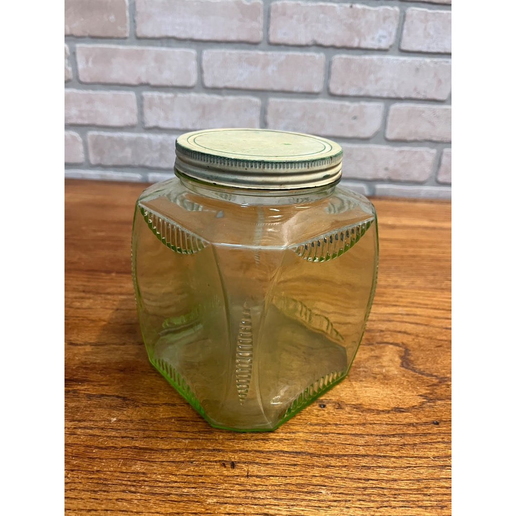 Vintage 1930s Uranium Glass Hoosier Canister Cookie Jar Depression Vaseline Lid