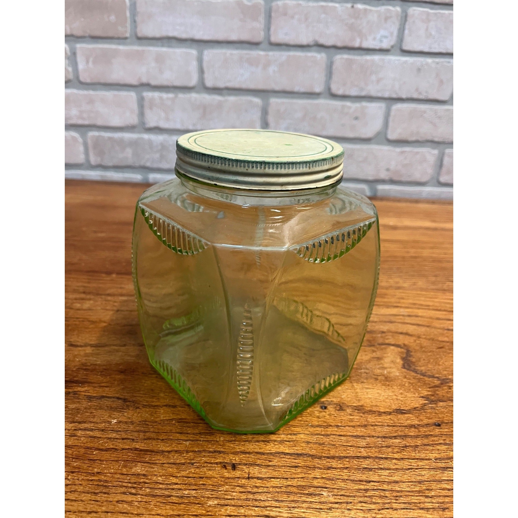Vintage 1930s Uranium Glass Hoosier Canister Cookie Jar Depression Vaseline Lid