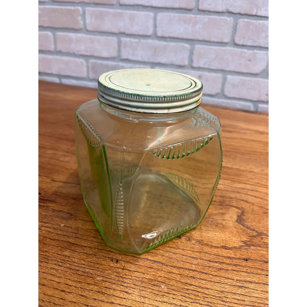 Vintage 1930s Uranium Glass Hoosier Canister Cookie Jar Depression Vaseline Lid