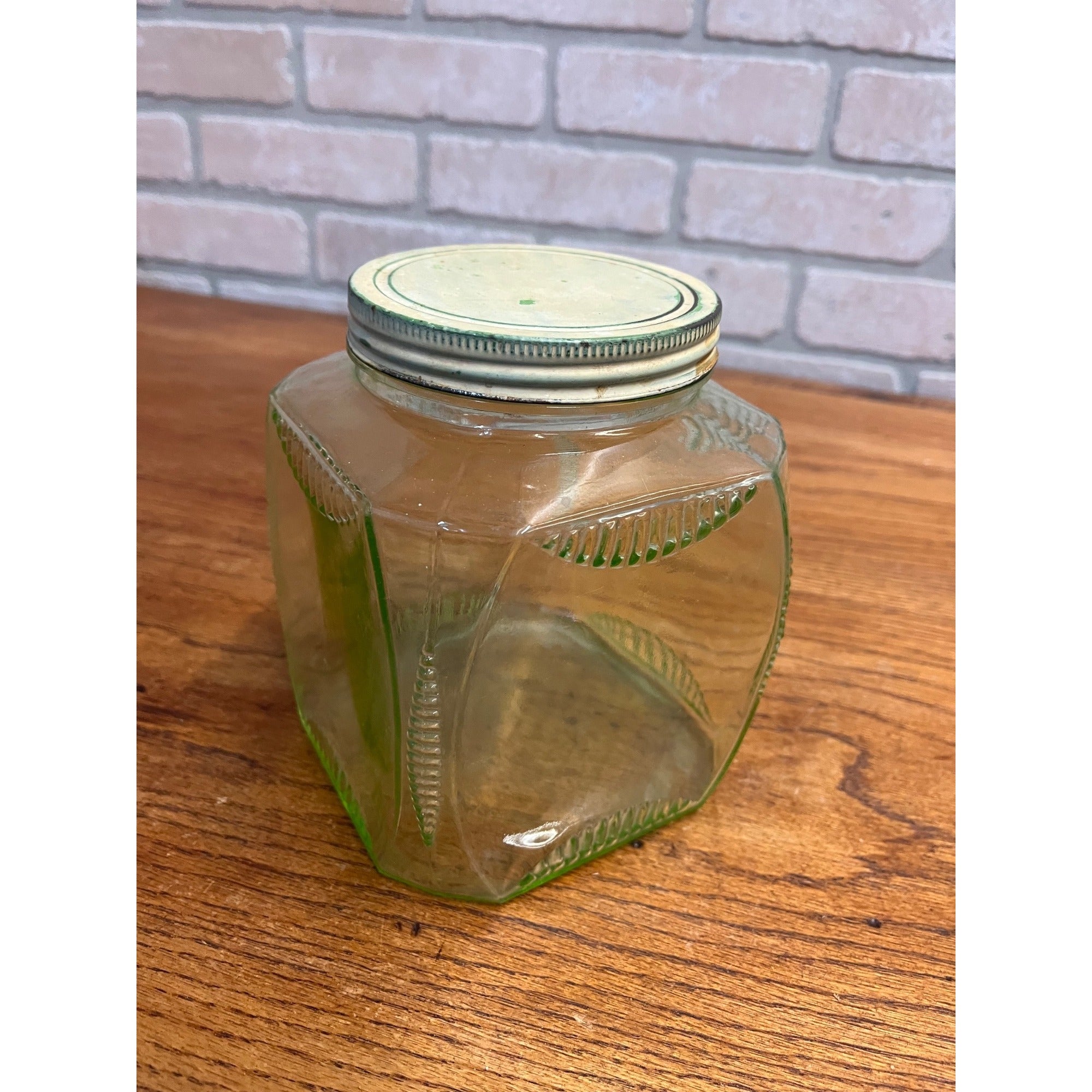 Vintage 1930s Uranium Glass Hoosier Canister Cookie Jar Depression Vaseline Lid