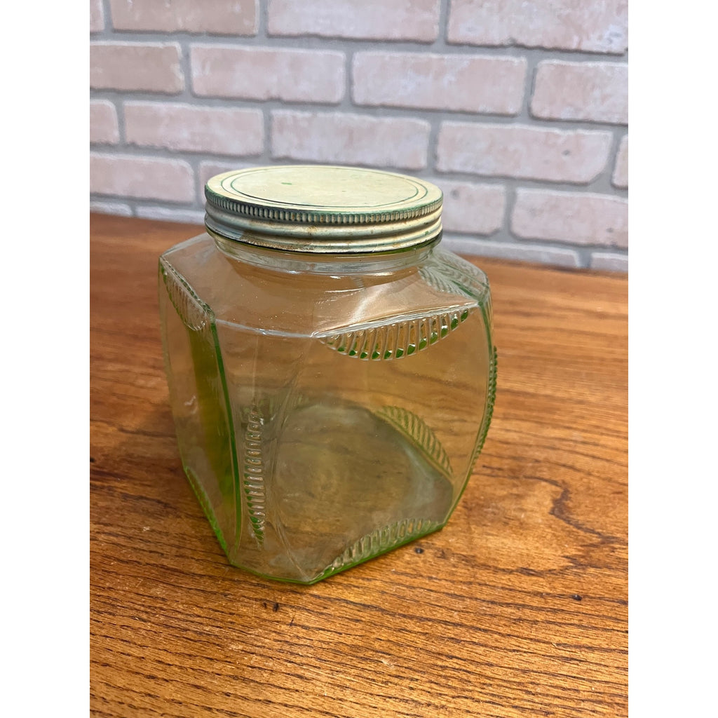 Vintage 1930s Uranium Glass Hoosier Canister Cookie Jar Depression Vaseline Lid