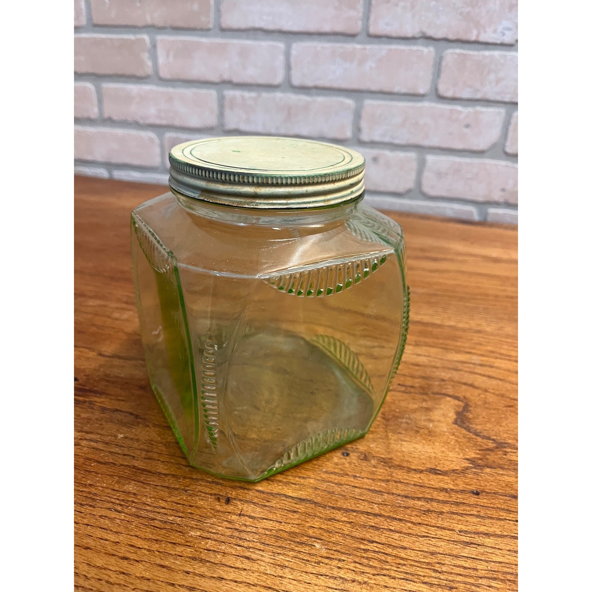 Vintage 1930s Uranium Glass Hoosier Canister Cookie Jar Depression Vaseline Lid