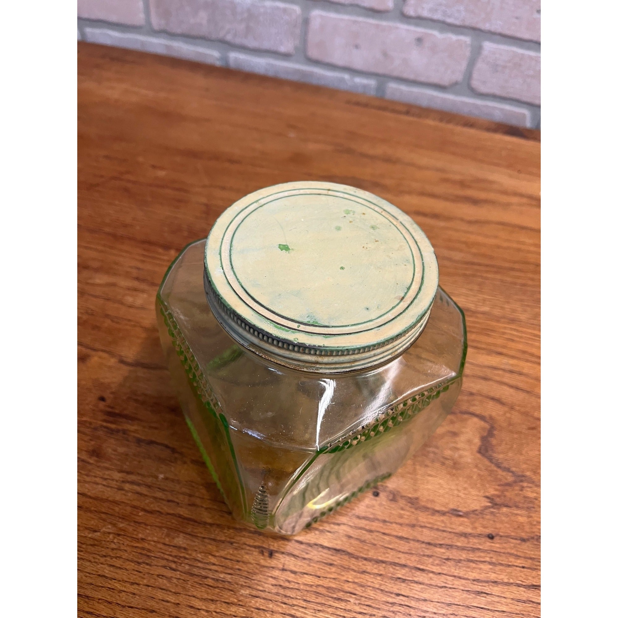 Vintage 1930s Uranium Glass Hoosier Canister Cookie Jar Depression Vaseline Lid