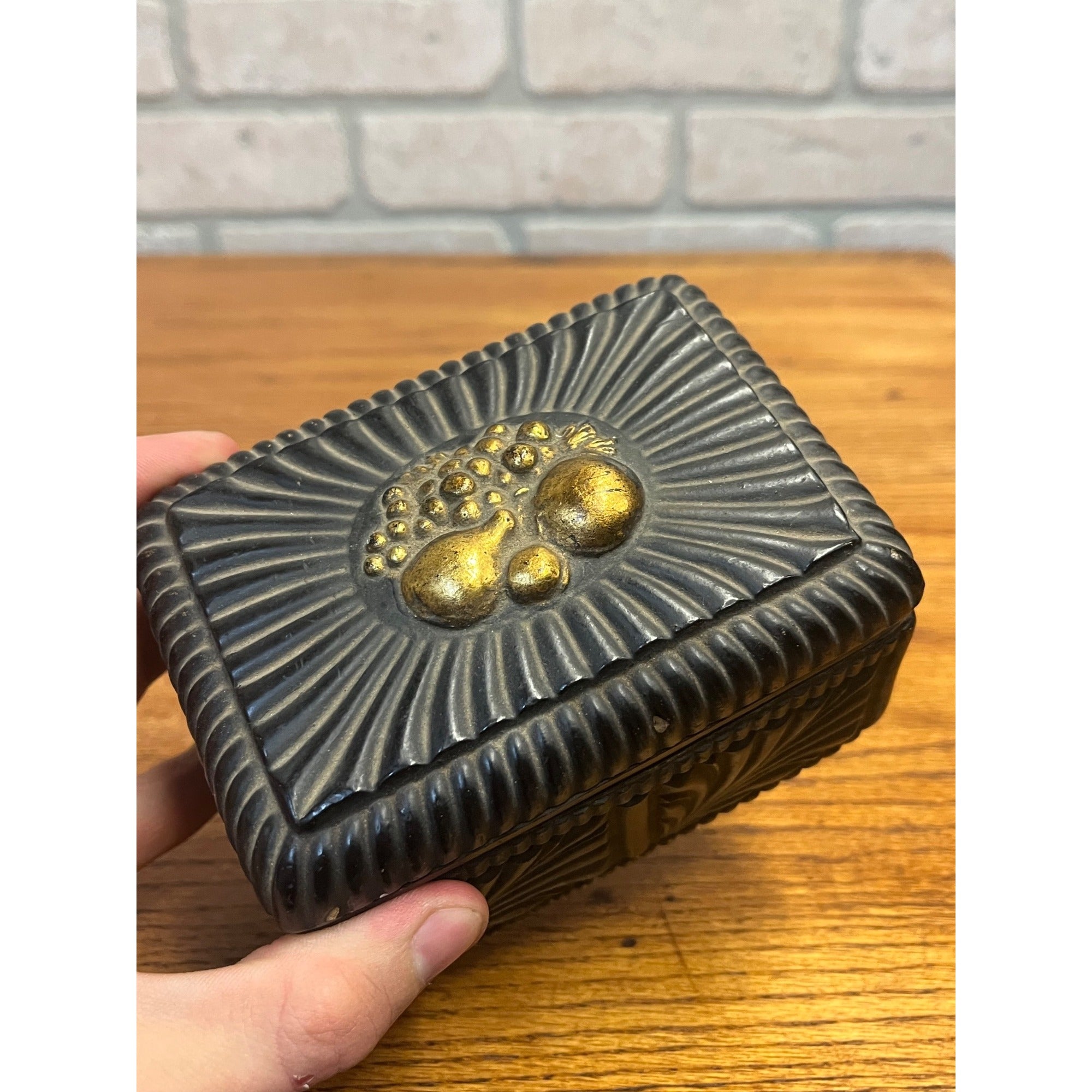 Vintage Borghese Black Ceramic Trinket Box Jewelry Casket Gold Gilt Lidded
